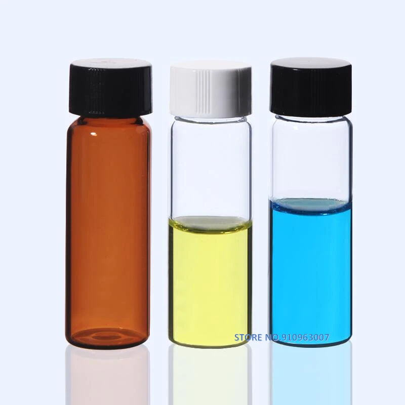 20pcs/pack 3ml to 60ml Clear Glass sample bottles with black plastic screw cap, essential oil bottle for lab use