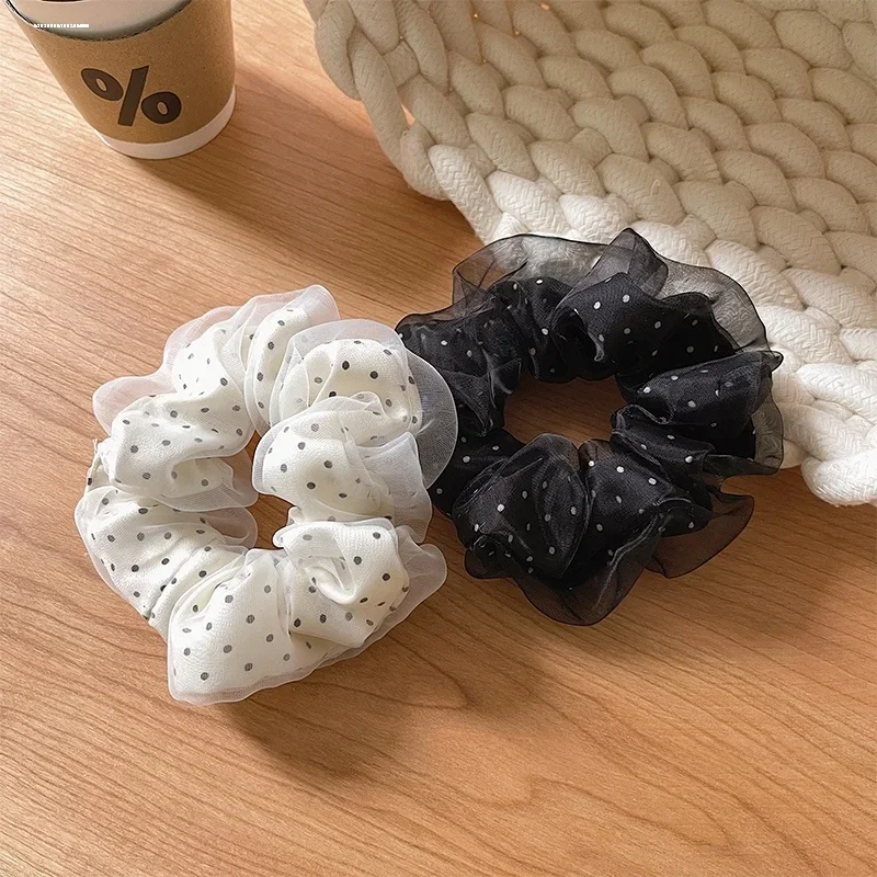 

2025 New Korean Polka Dot Black and White Scrunchies Large Hair Bands Female Elegant Hair Rope Ties Ponytail Holder Headwear