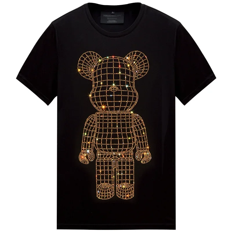 Plus Size 6XL 2024 Cute Bear Rhinestones T Shirts Men Fashion Clothing Streetwear Modal Cotton O Neck Slim Short Sleeve T-shirts