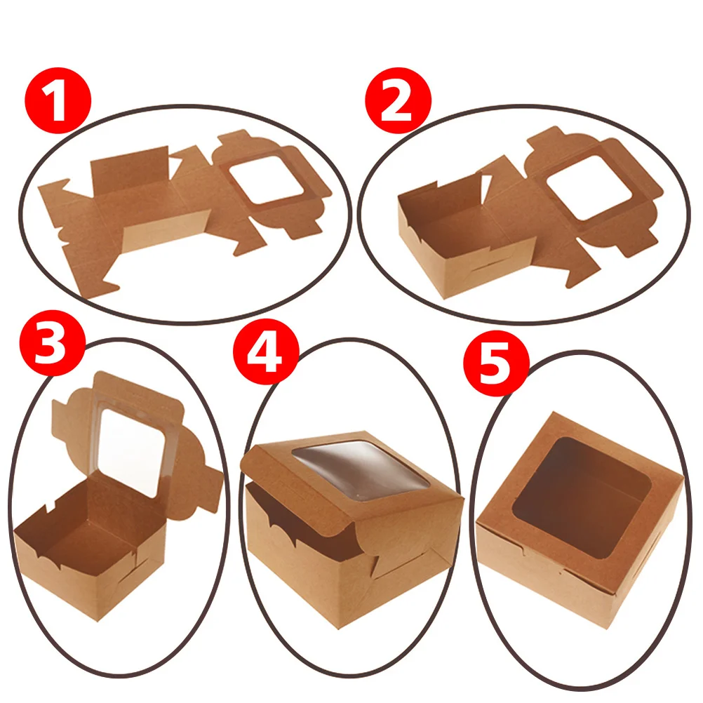 Cajas de postre de papel Kraft, ventana, yema, embalaje de pasteles, cajas de panadería, alimentos seguros, fáciles de plegar, contenedores de un solo uso, 10 Uds.