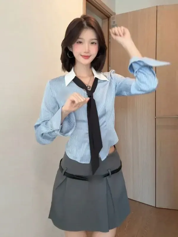

Korean Style College Fashion Striped Shirt And Skirt Set Youthful Ootd Spring 2026 Comfortable Long Sleeve Top High Wais...