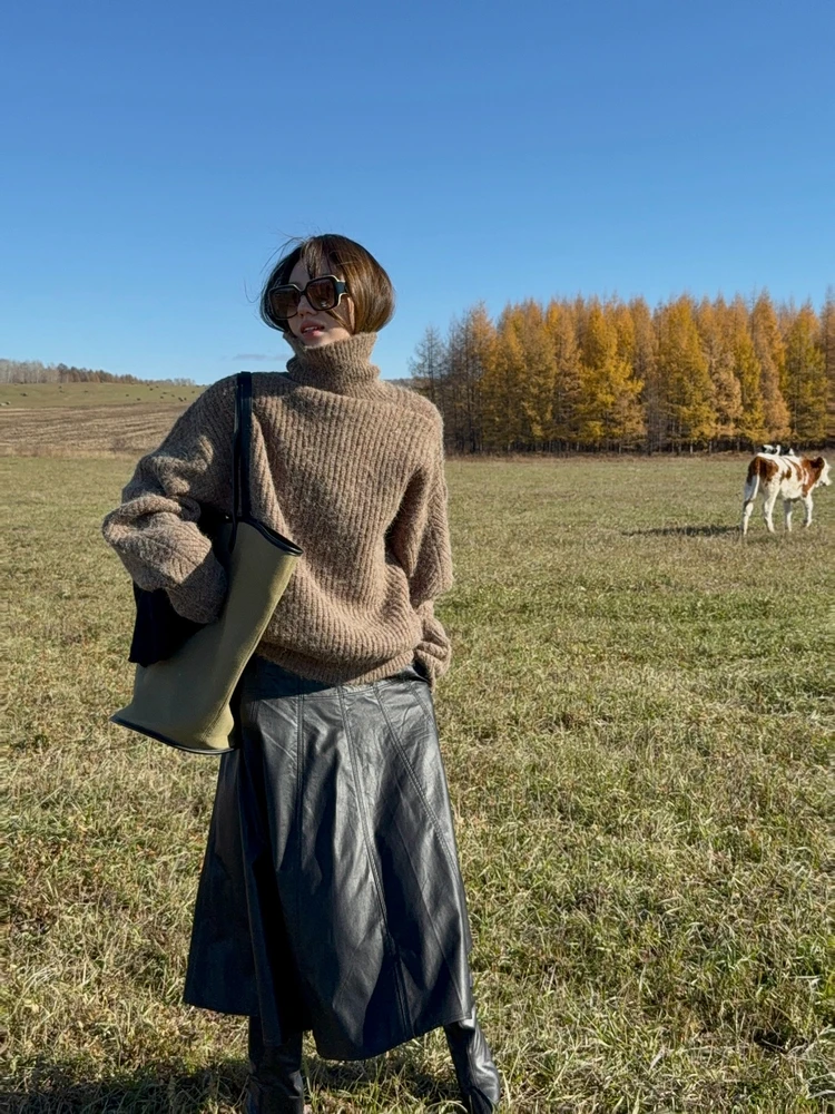 

Gakee Official High Ne Knitted Sweater Women's Casual Design Autumn Winter New Sle Versatile Coffee een Loose Fit Long ...