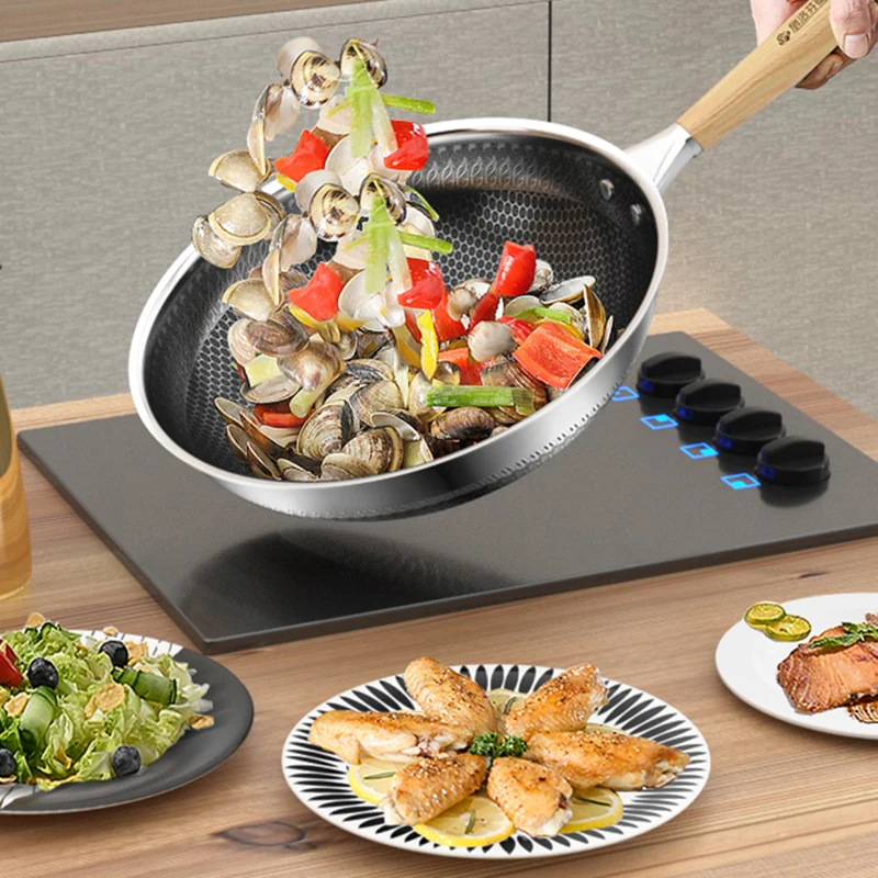 Egg Pancake Steak Nonstick Frying Pan Wood Handle Wok Stainless Steel Gas Induction Non Stick Saucepan Panelas Cooking Cookware