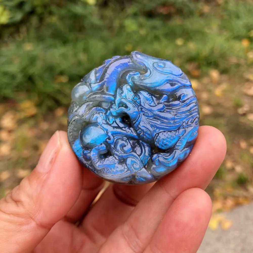 Natural Labradorite Hand Carved Dragon Round Pendant Flash Blue Crystal Stone Figurine Reiki Amulet Decor Gift