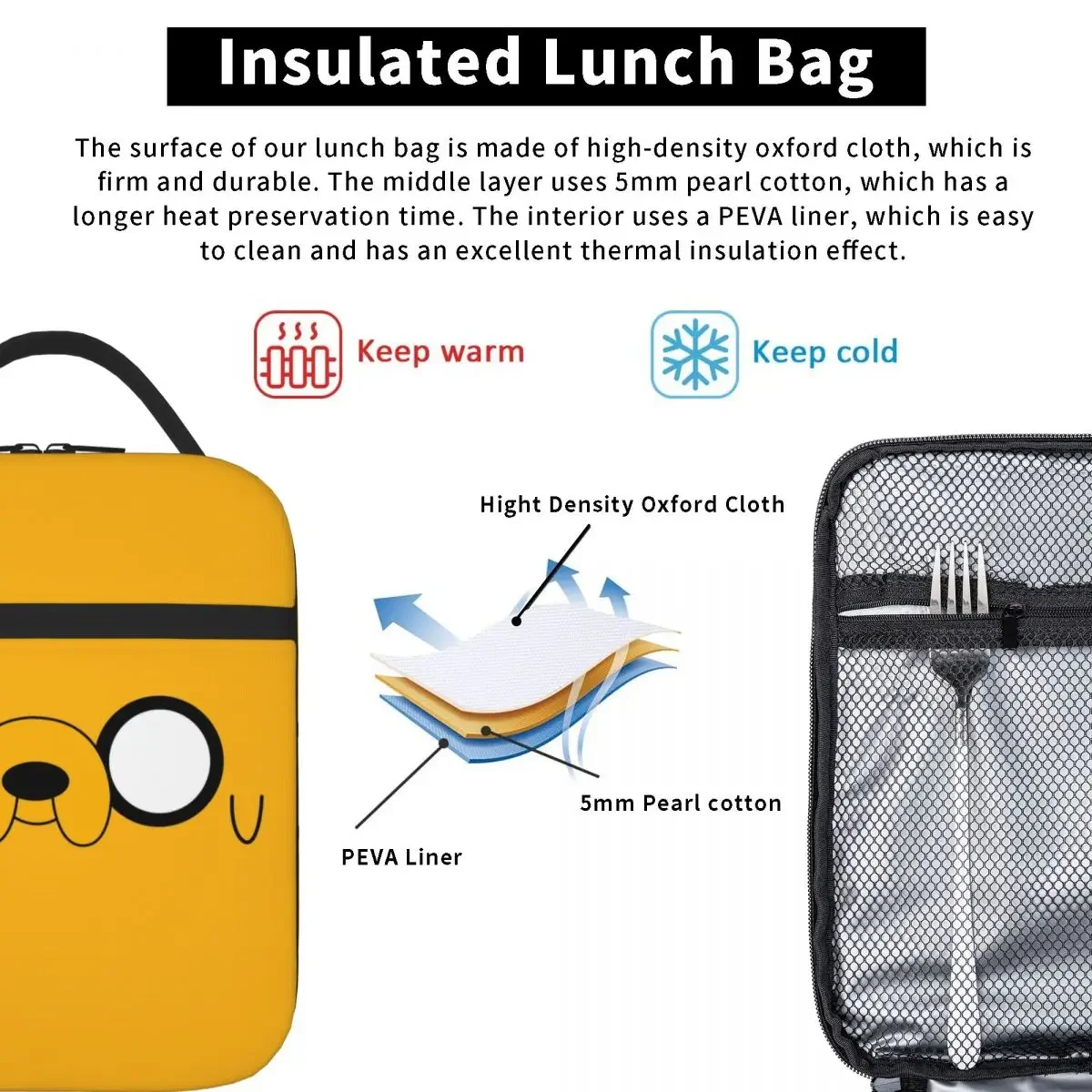 Adventure Time Jake\'s Eyes Lunch Bags Insulated Lunch Tote Waterproof Thermal Bag Resuable Picnic Bags for Woman Work Children