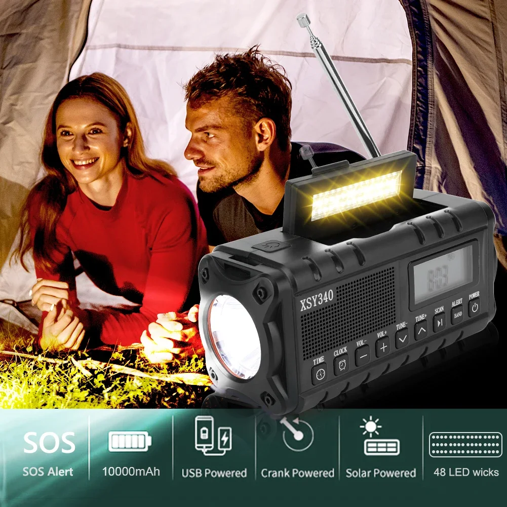 Rádio portátil de emergência manivela Solar, carregamento USB, lanterna LED, banco de energia recarregável, AM, FM, tempo, 10000mAh