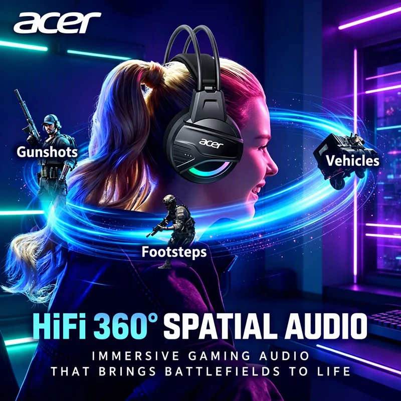 Acer OHW202 Wired Gaming Headset LED Gaming Headphone 50mm Driver Stereo Noise Cancelling Mic 3.5mm Jack for PC Laptop PS4 Gamer