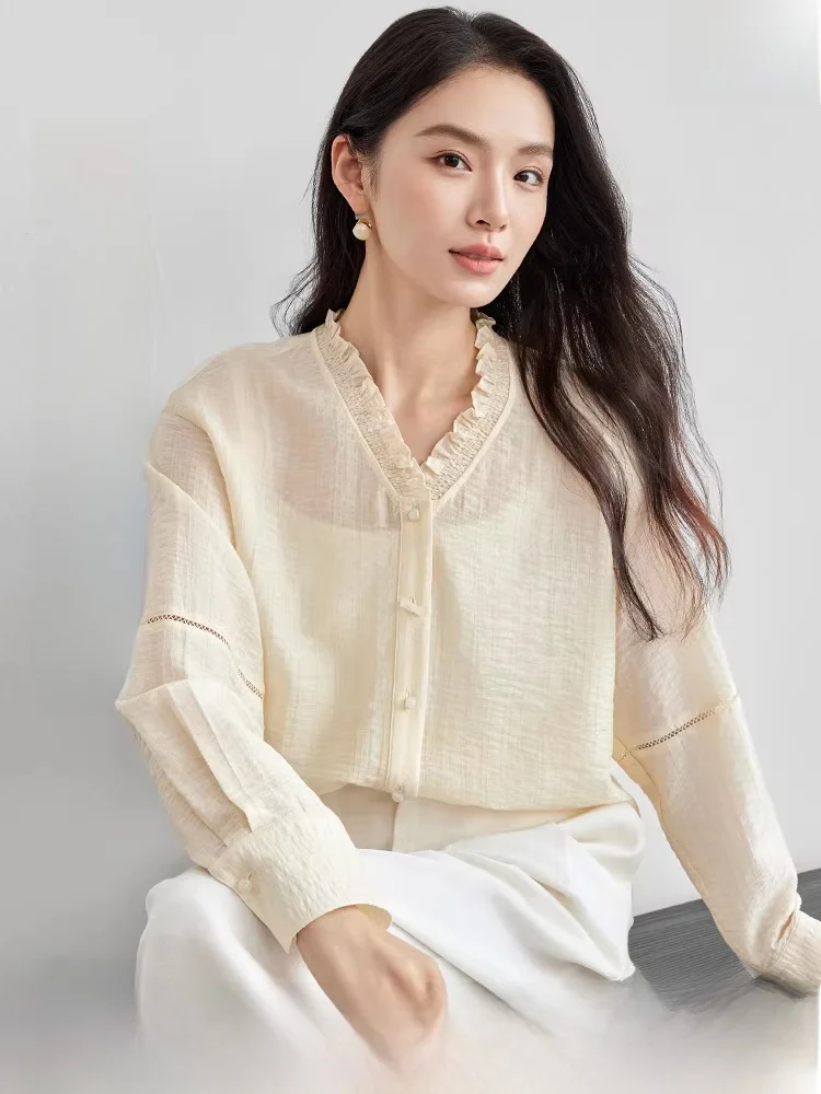 

Retro Chinese Style Women's Long Sleeve Shirt V Neck Splicing Hollow Ear Mushroom Pattern Business Casual Cotton Blend Spring