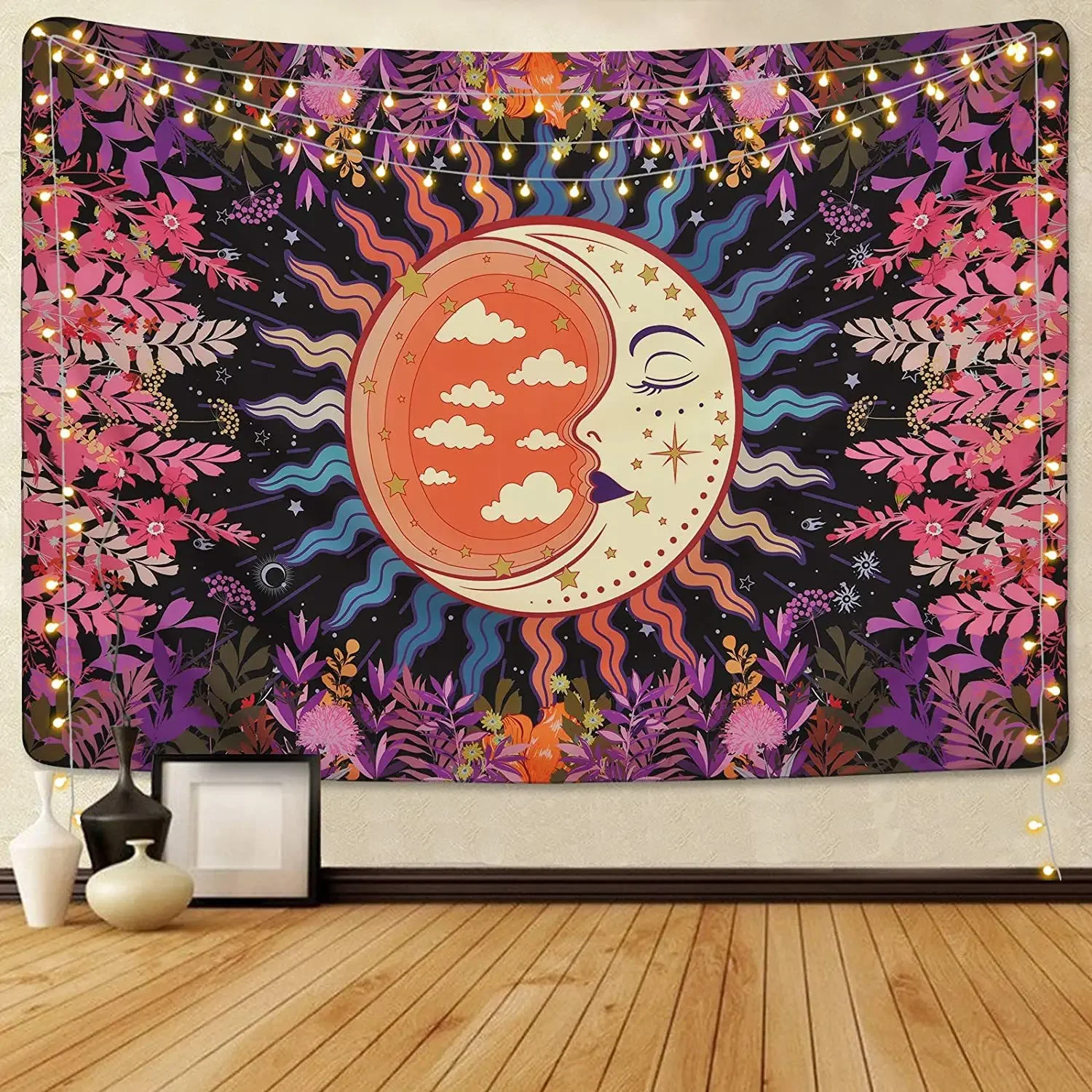 Tapestry Anime Tapestry Clearance Beautiful Interior Decoration Tapestry Psychedelic Sun and Moon Mandala Flowers Home Wall
