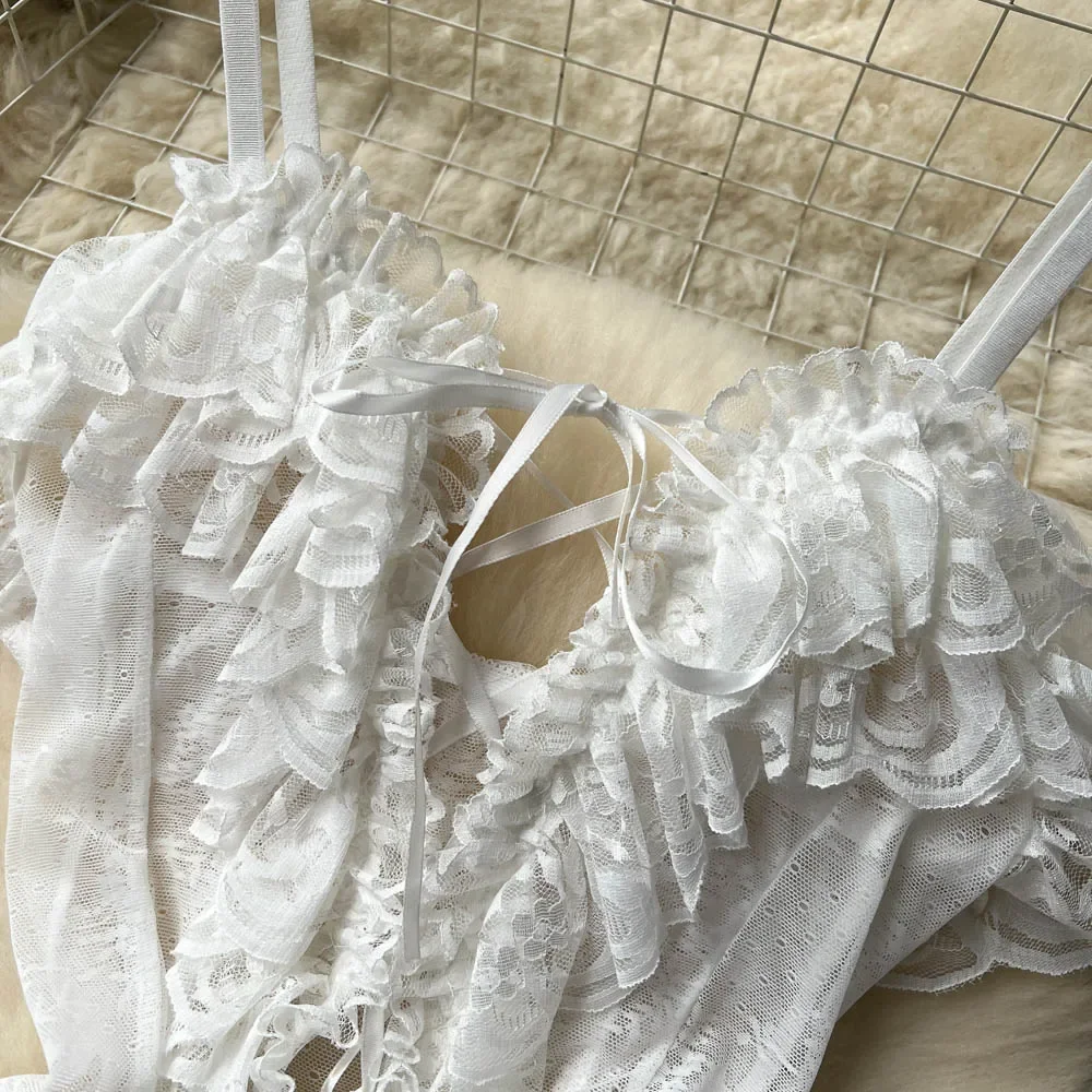 2025 الكشكشة الحلو كعكة فستان شفاف المرأة حزام الدانتيل يصل عارية الذراعين شبكة فستان النوم مثير سيور المثيرة الاباحية ملابس النوم #5