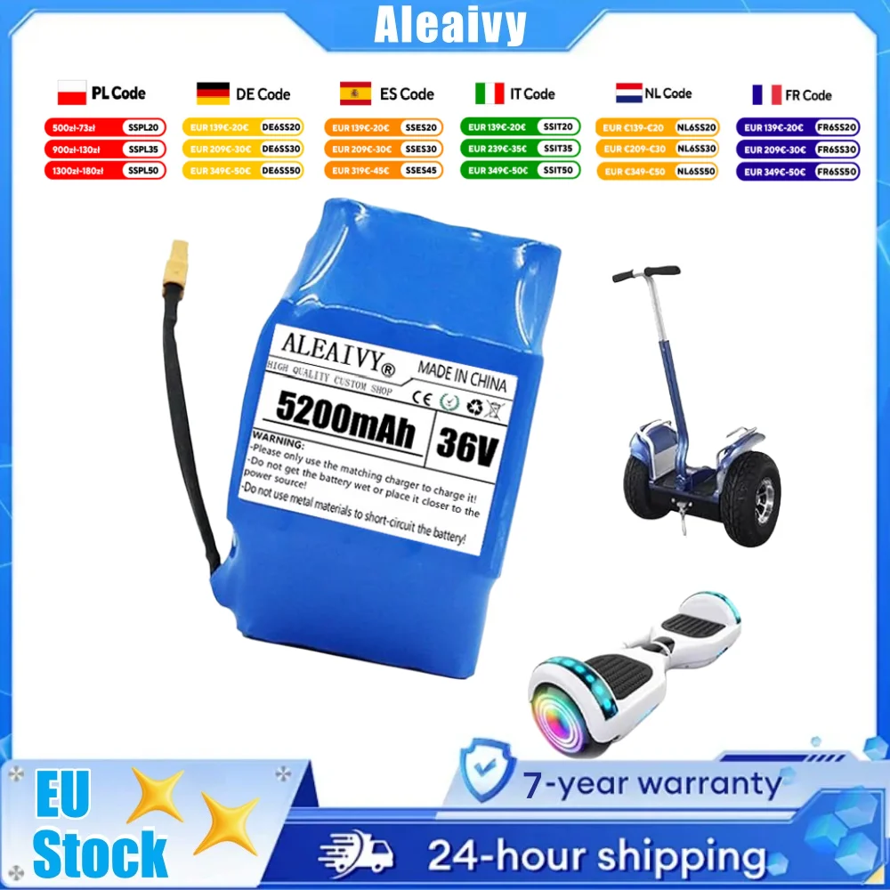 36V 5200mAh Lithium-Hoverboard-Ersatzakku, 36V 10S2P Elektrofahrrad-Akku, Hochleistungs-Lithium-Ionen-Akku für Elektrofahrrad und Hoverboard mit XT60-Stecker