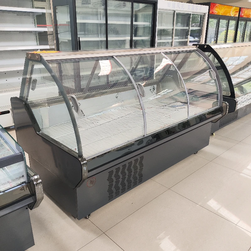 Commercial chiller stainless steel inner fresh meat open display refrigerator meat display sliding door curved horizontal plate