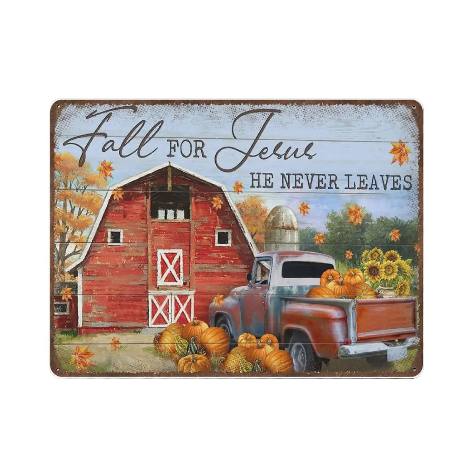 

Retro Thick Metal Tin Sign-Red Barn And Pumpkins， Fall For Jesus, He Never Leaves Jesus Tin Sign -Novelty Posters，Home Decor Wal