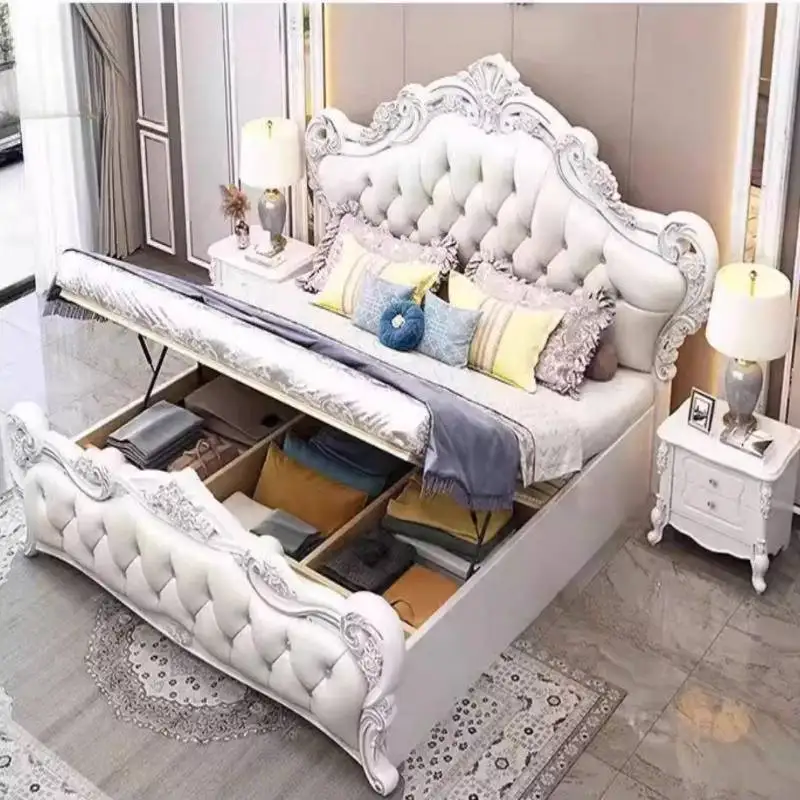Cheap Beige European Double Bed Nordic Vintage Wood Storage European Double Bed Japanese Adults Camas De Dormitorio Furniture - view 5