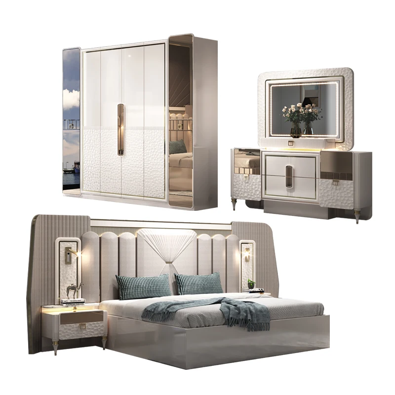 

&High End Luxury Villa Wood Frame Double King Size Bed Led Headboard Queen Home Modern Gold Wooden Full Bedroom Furniture Set