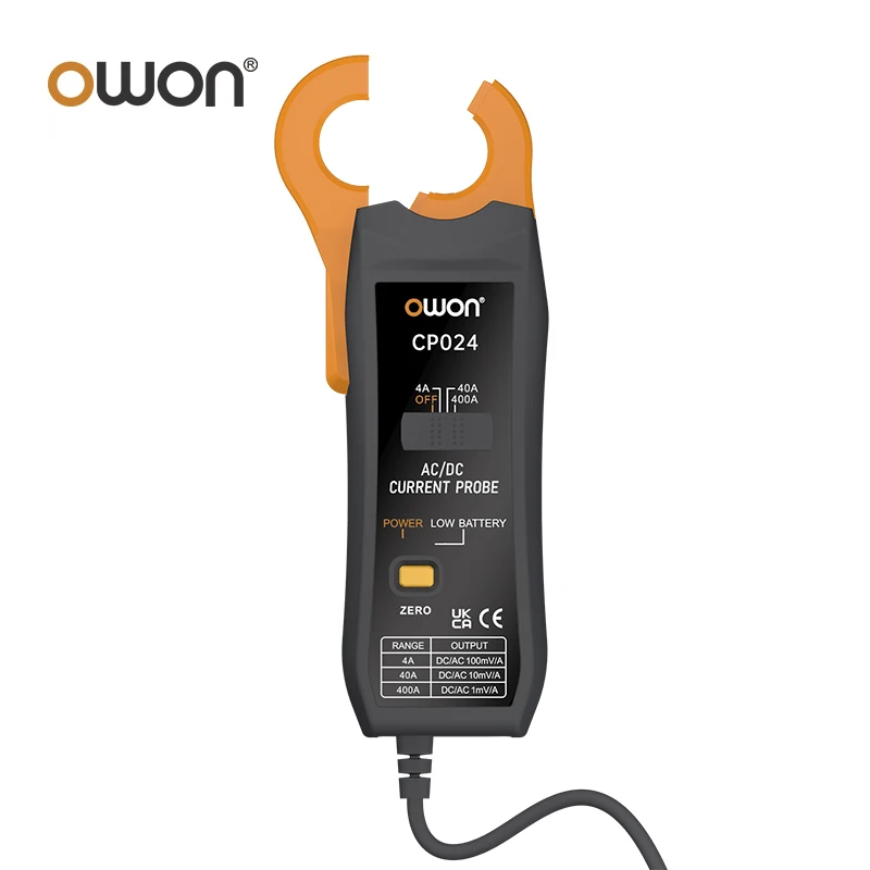 OWON CP024 DC AC Current Probe for Digital Storage Oscilloscope 4A to 400A Bandwidth 200kHz 23mm Jaw Three-Gear Current Clamp