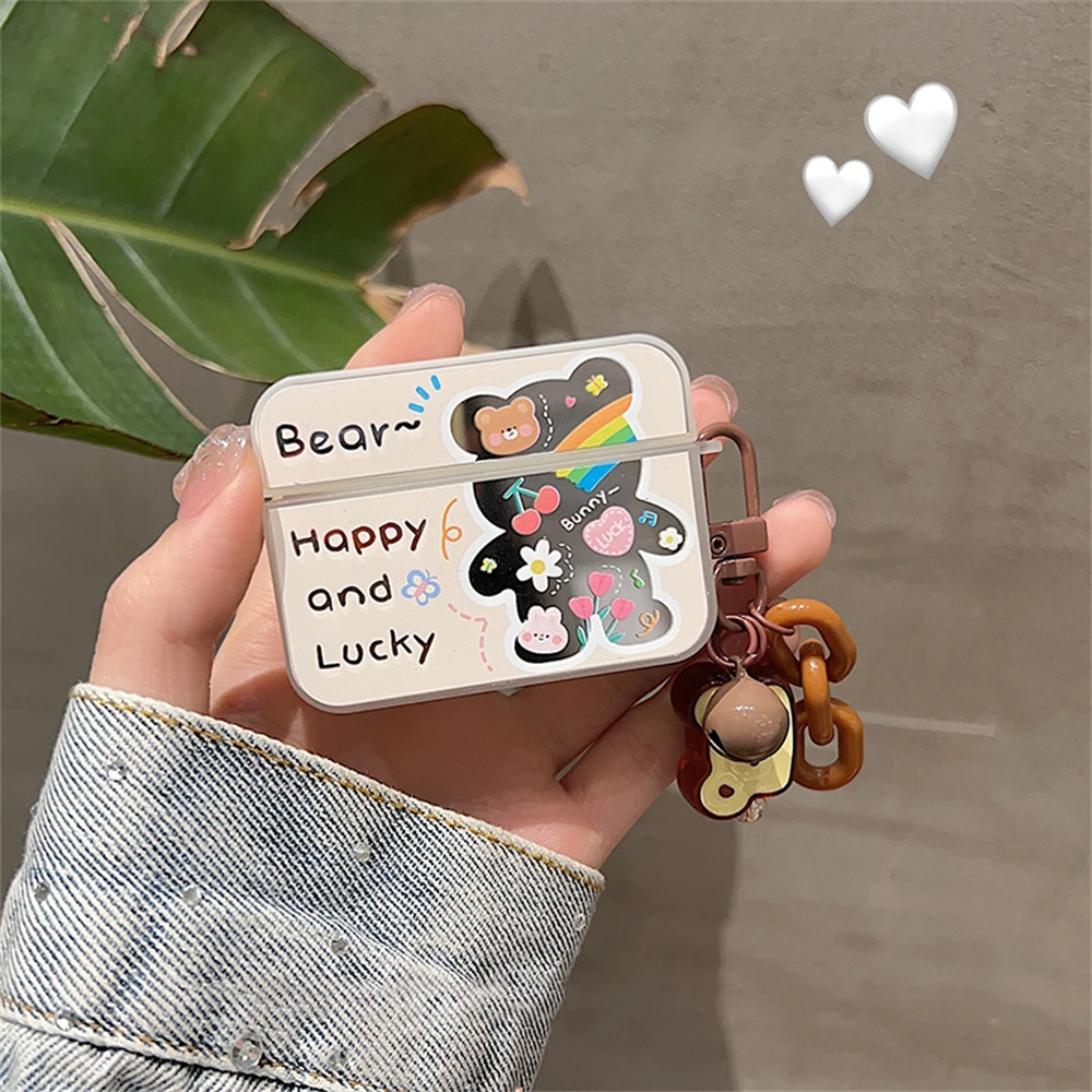 Korean Cute Mirror Little Bear Flower Rainbow Headphones Case For AirPods 1 2 3 With Bell Pendant Soft Cover For AirPods Pro 2