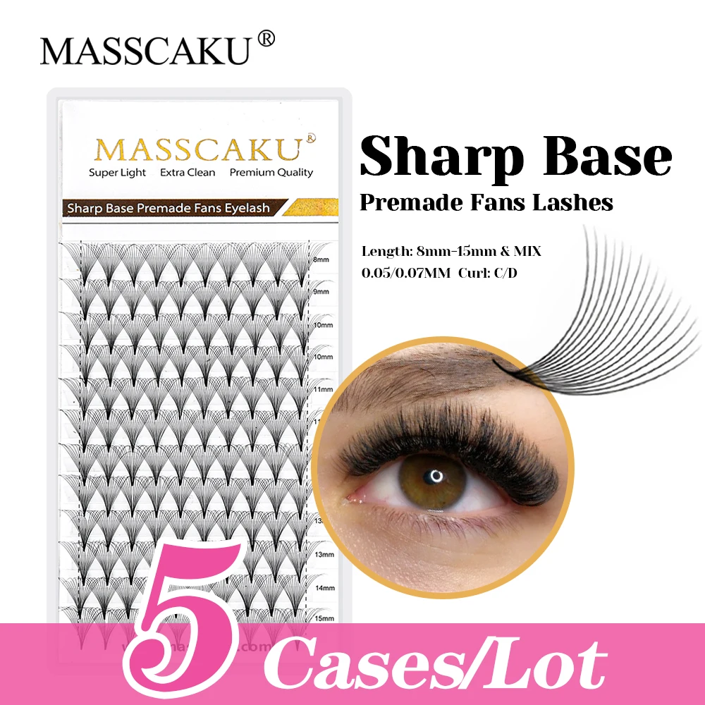 

5cases/lot Hot Sale MASSCAKU 0.07mm Thickness Wispy 8D Thin Root Pointy Base Lashes Lightweight Sharp Narrow Stem Lash Supplies