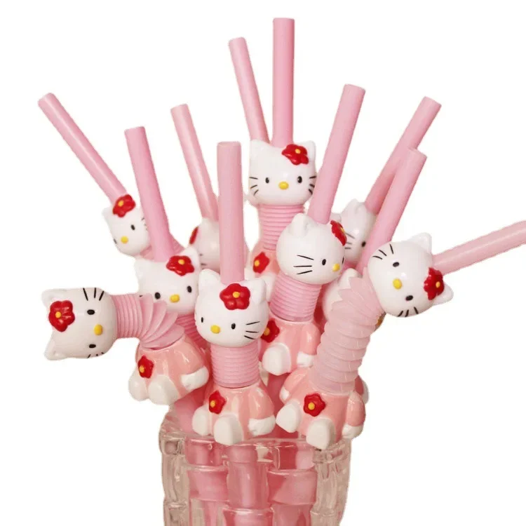 Kawaii HelloKittys pajita retráctil plegable, suministros de fiesta de gatito de dibujos animados, rosa, regalo de cumpleaños de Halloween