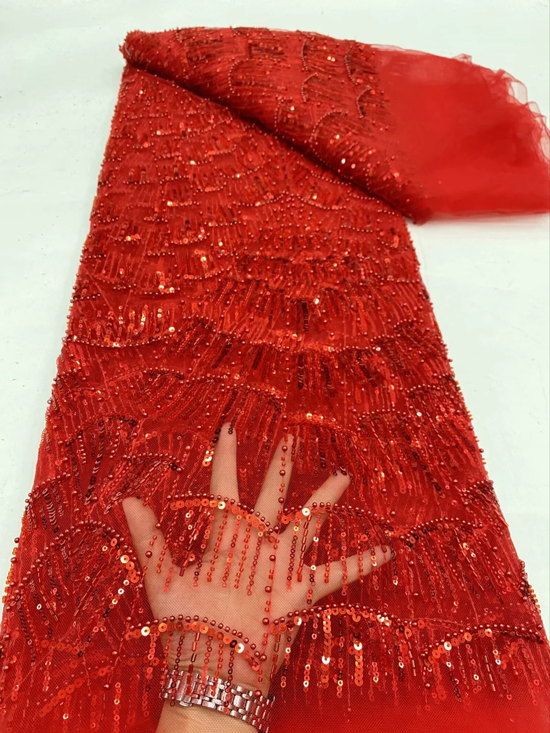 

(5yards/pc) 2024 newest embroidered French tulle lace red African party net lace beaded sequins lace fabric for dress FDP030