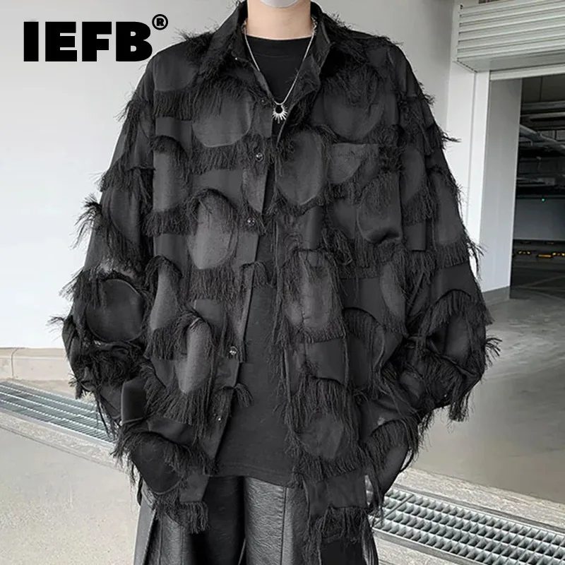 

IEFB Black Summer Shirt American Style Men Long Sleeve Hollow-out Tassel Nightclub Loose Designer Performance 2024 Fashion Tide