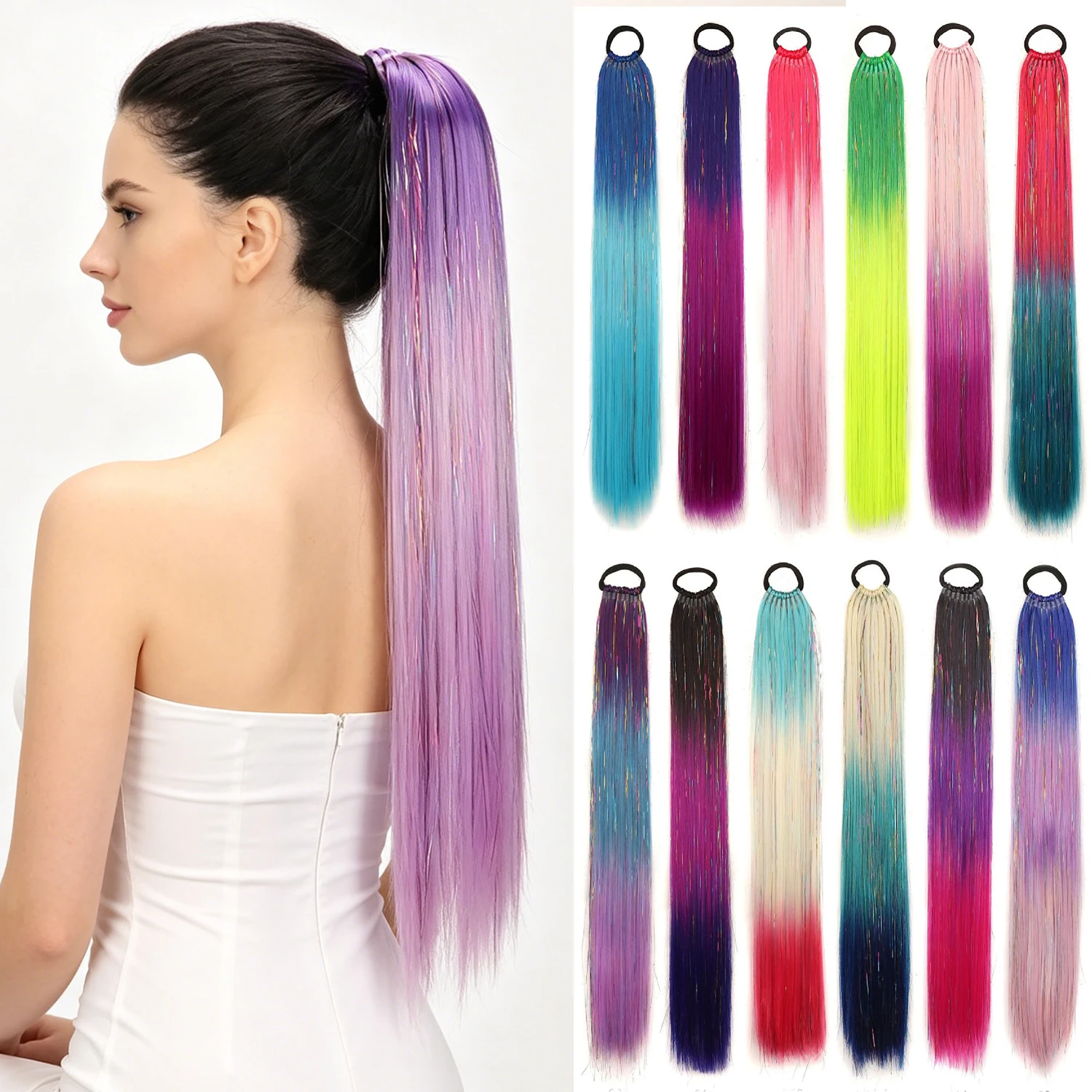 

Colored Hair Extensions with Tinsel, 24" Sparkly Braid Ponytail Extensions with Elastic Tie,Synthetic Ponytails Hair Extensions