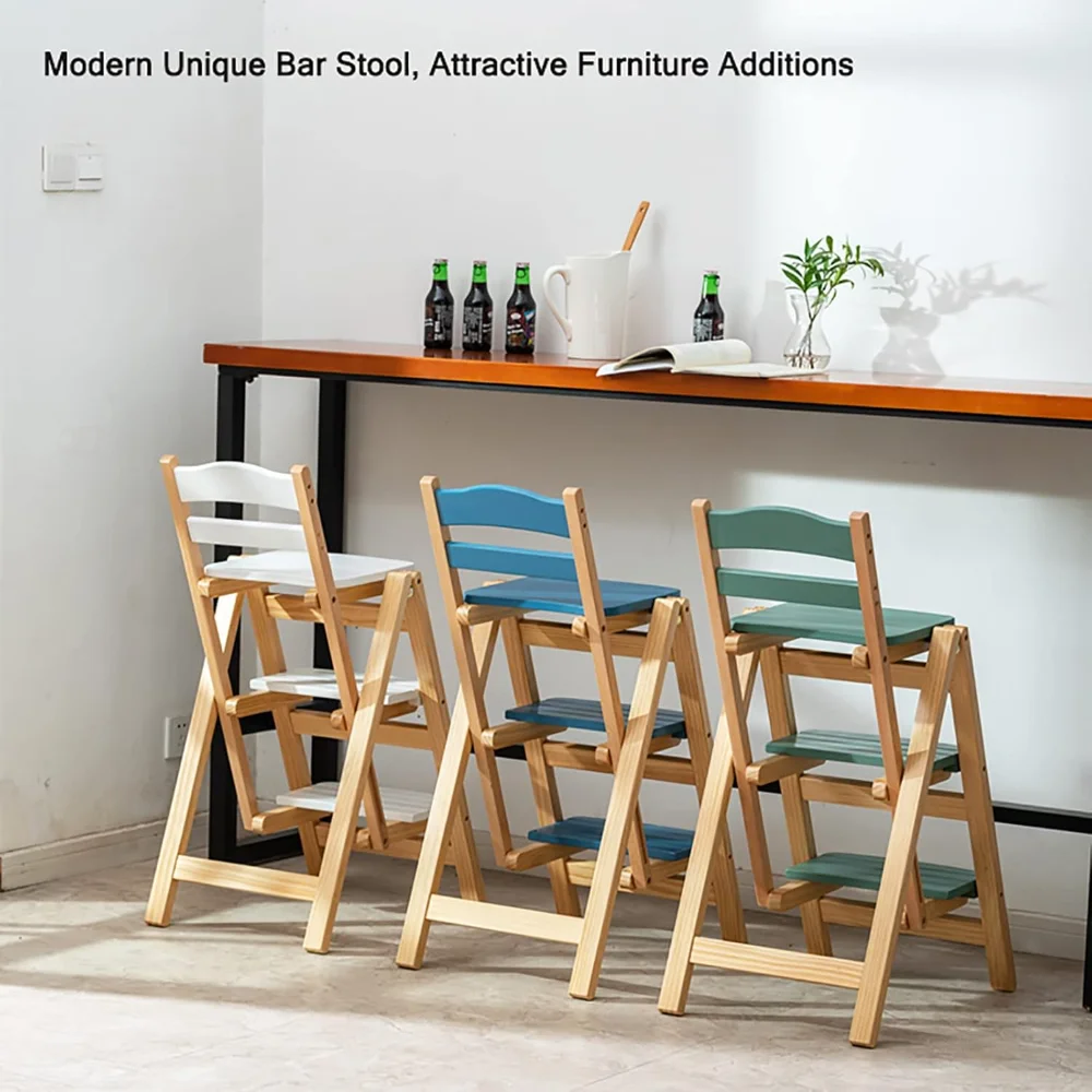 Folding Bar Stool Multifunctional 3 Step Ladder,Solid Wood Ladder Stool Counter Height Tall Stool,Portable Adults Outdoor