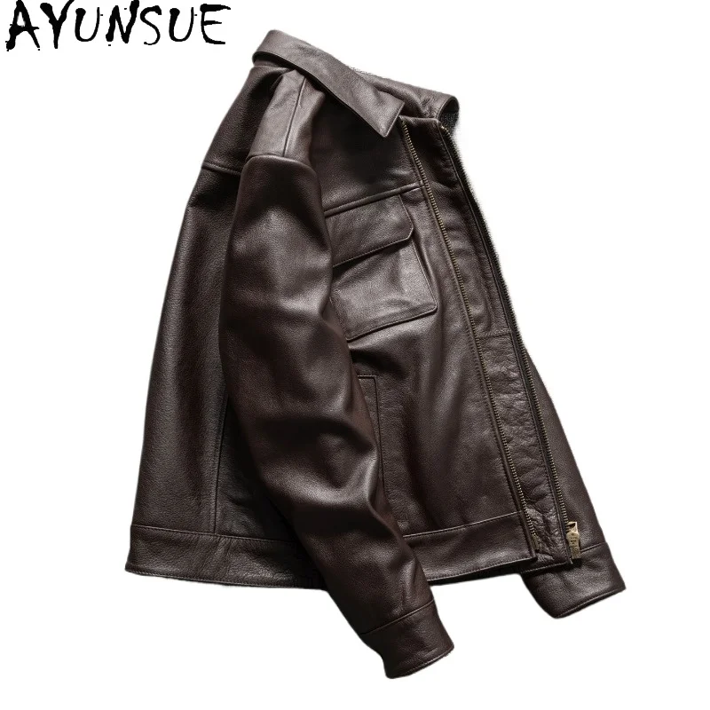 AYUNSUE 2026 Autumn Pure Cowhide Genuine Leather Jacket Men Short 100% Real Cow Leather Coat Slim-fit Casual Business jaqueta