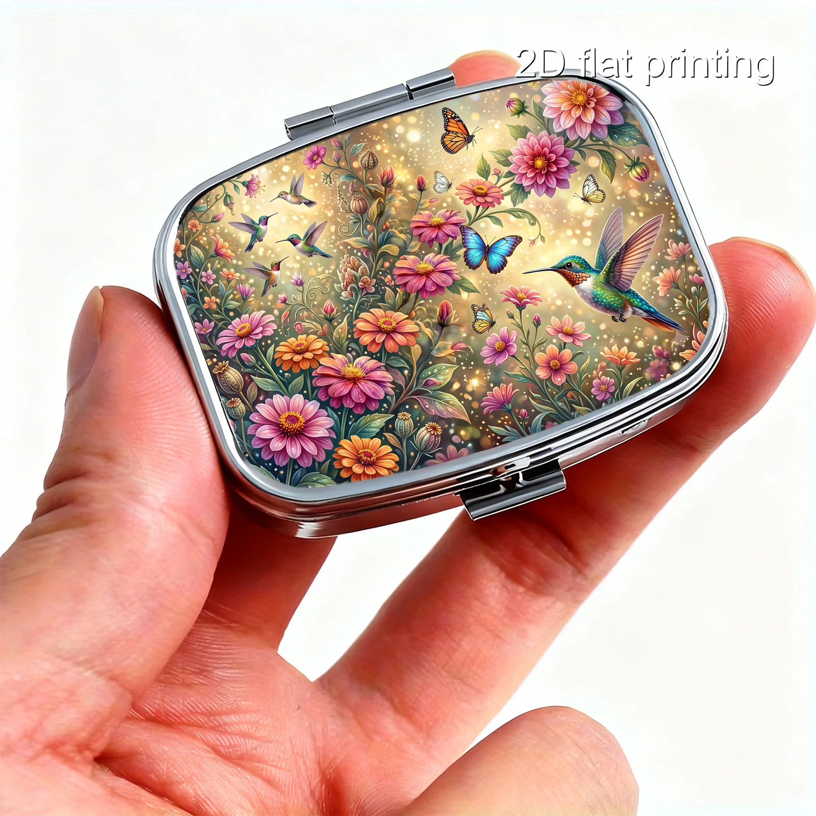Single-Pack, Flat-Printed, Portable Mini Double-Compartment Pill Box, Warm Light Cosmos Hummingbird Butterfly Forest-Style Healing Floral Oil Painting Print, Travel Medicine Storage Box, Sealed and Moisture-Proof, Capsule Vitamin Organizer, Portable Small Pill Box