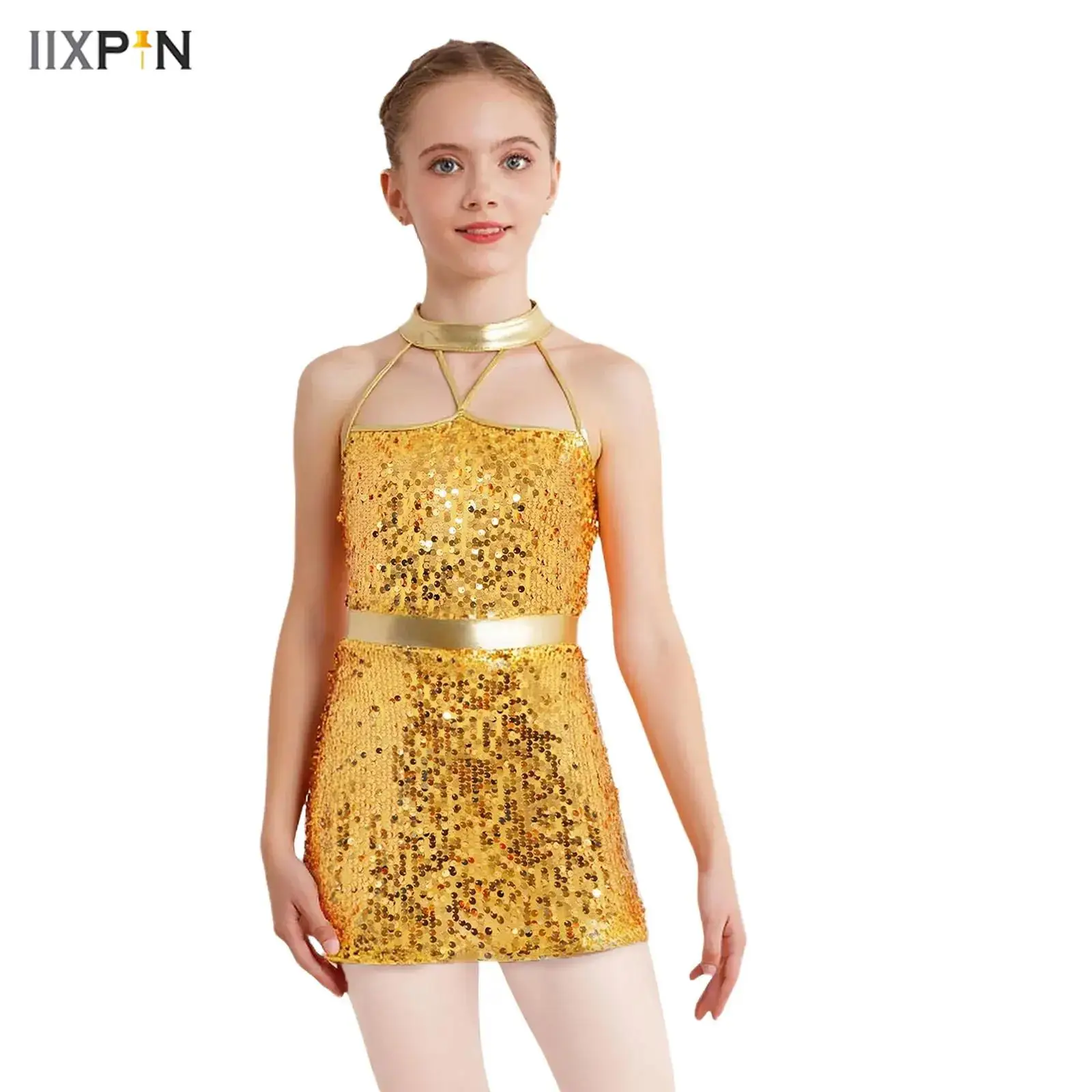 

Teen Sequin Jazz Dance Outfit Costume Shiny Sequins Strappy Unitard Skirted School Basketball Cheerleading Costume Dresses