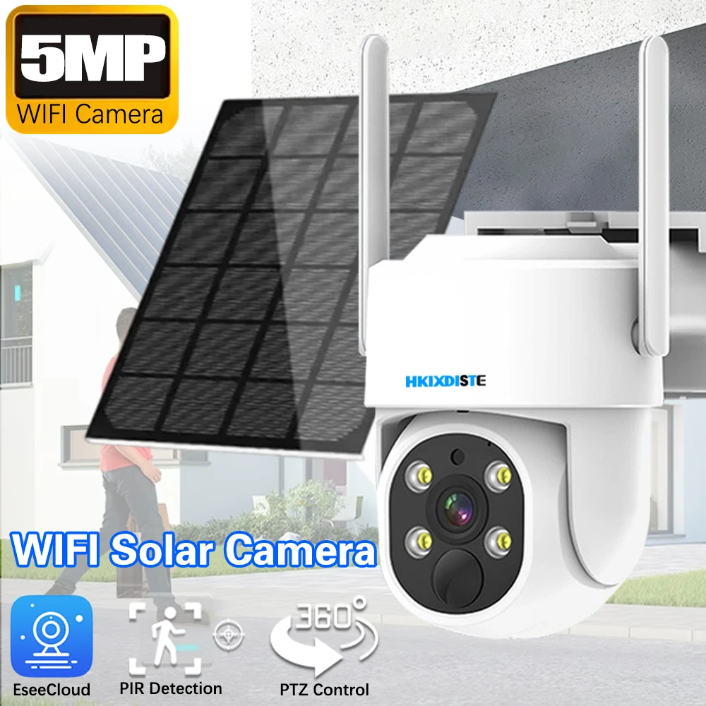 

5-мегапиксельная Wi-Fi камера безопасности EseeCloud с 2K Super HD на солнечной энергии, беспроводная двусторонняя аудиокамера, PIR, цвет движения, ночное видение