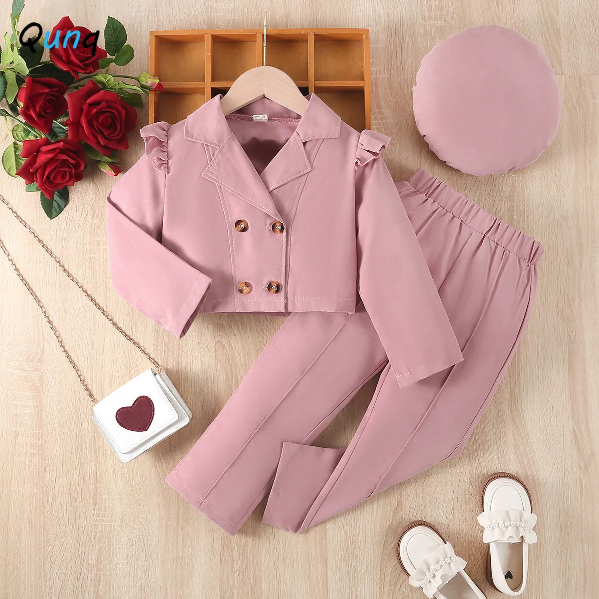 Qunq 2023 Autumn Winter New Girls Solid Long-sleeved Button Suit + Pants And Cap 3 Pieces Set Casual Kids Clothes Age 3T-8T