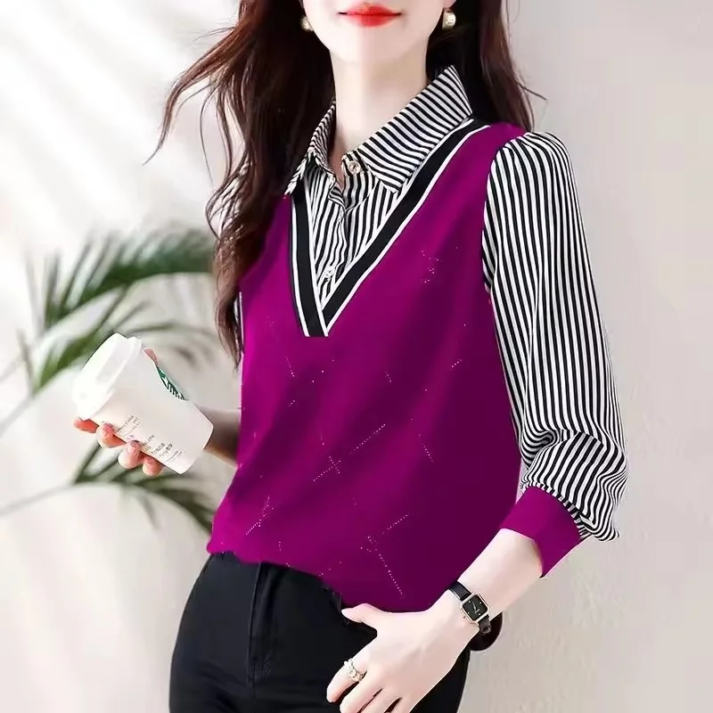 ใหม่หญิง High-end ปลอม 2 ชิ้นแฟชั่นลายเสื้อฤดูใบไม้ผลิฤดูใบไม้ร่วงผู้หญิงเสื้อแขนยาวเสื้อสุภาพสตรีเสื้อ