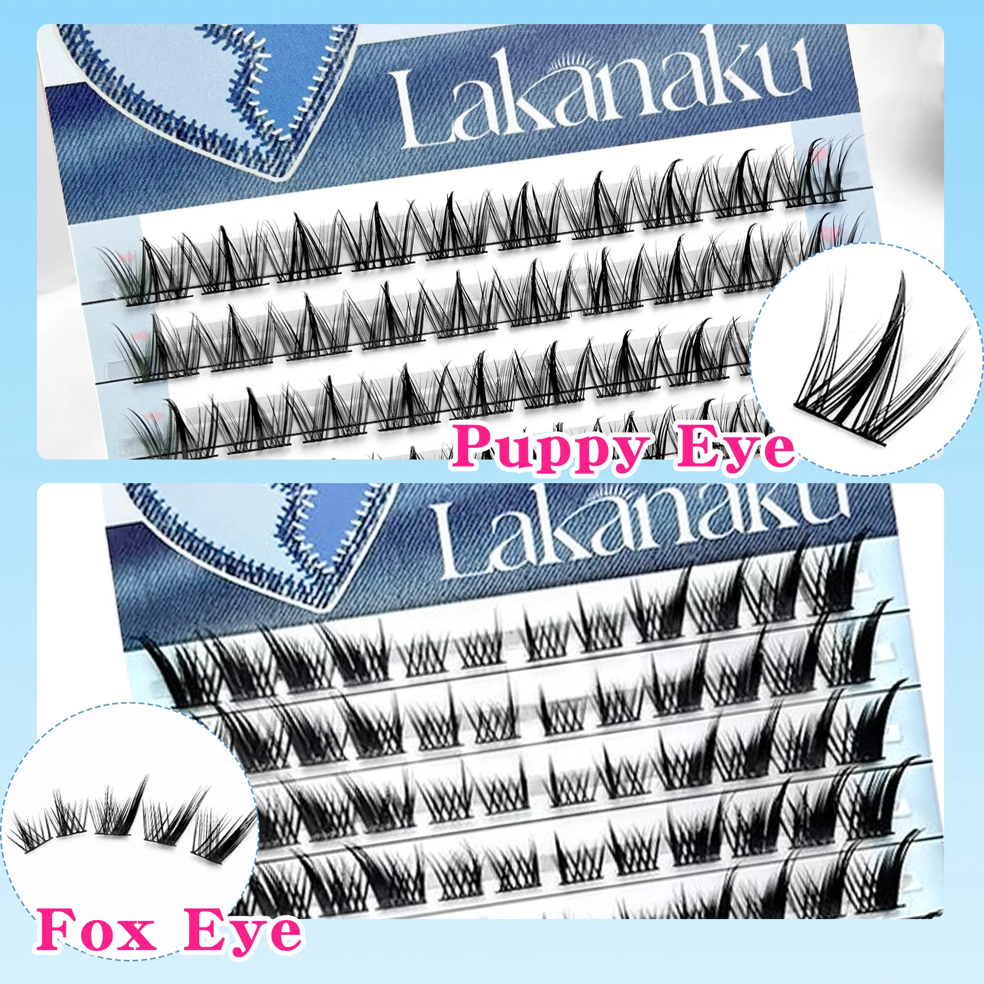 

LAKANAKU Puppy Eye Fox Eye Cluster Lashes Segmental False Eyelashes Under Lashes Pre Made