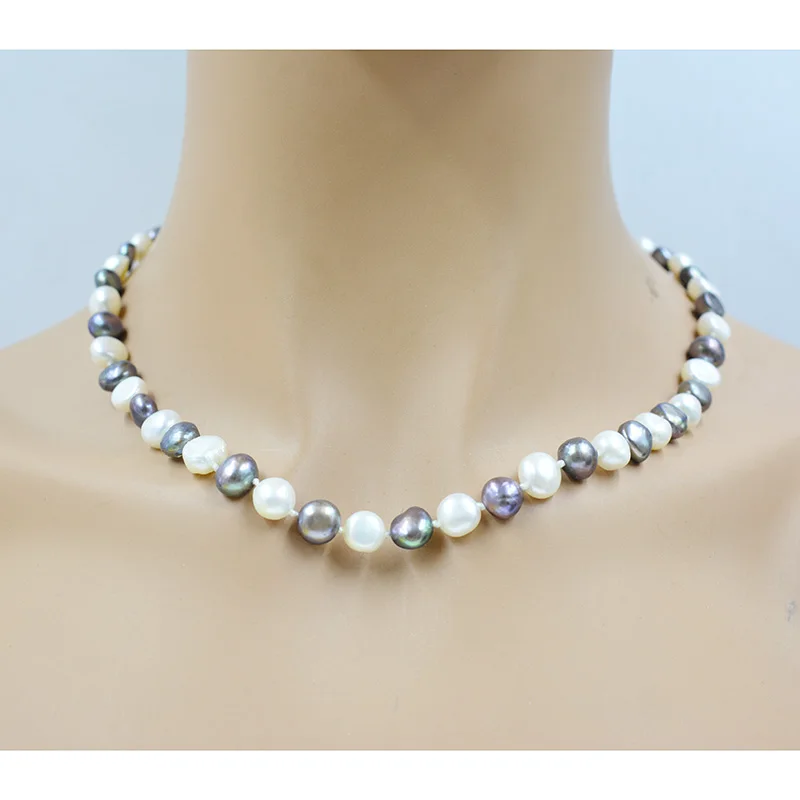 

Pretty, Exquisite AAA 8-9MM Natural White/Black Baroque Pearl Necklace 19"