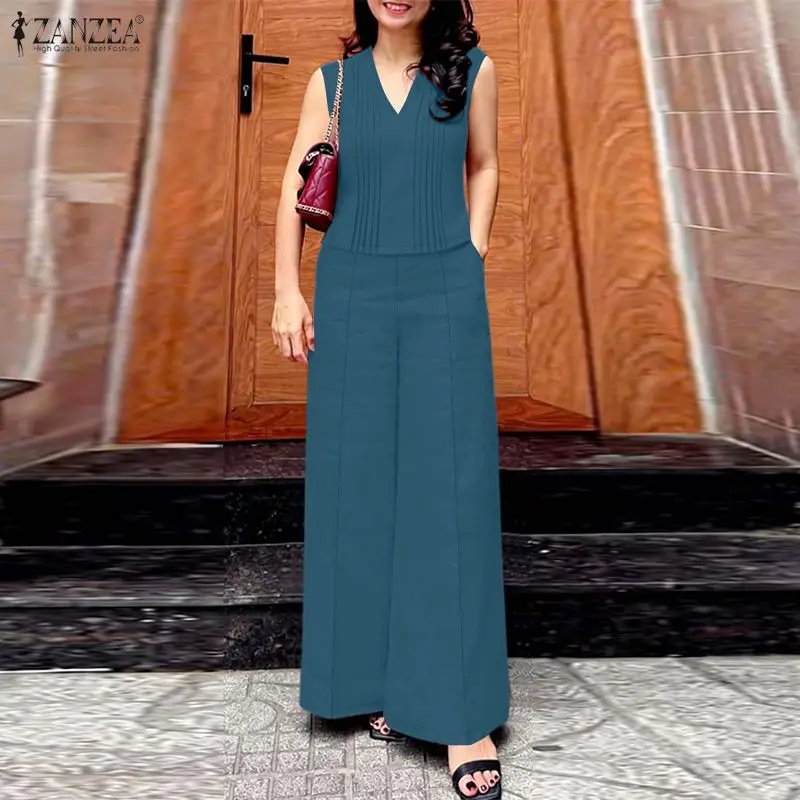 

2026 ZANZEA Summer 2 Piece Sets Elegant V Neck Sleeveless Tank Tops Pant Sets Stylish Women Solid Color OL Work Outfit Tracksuit