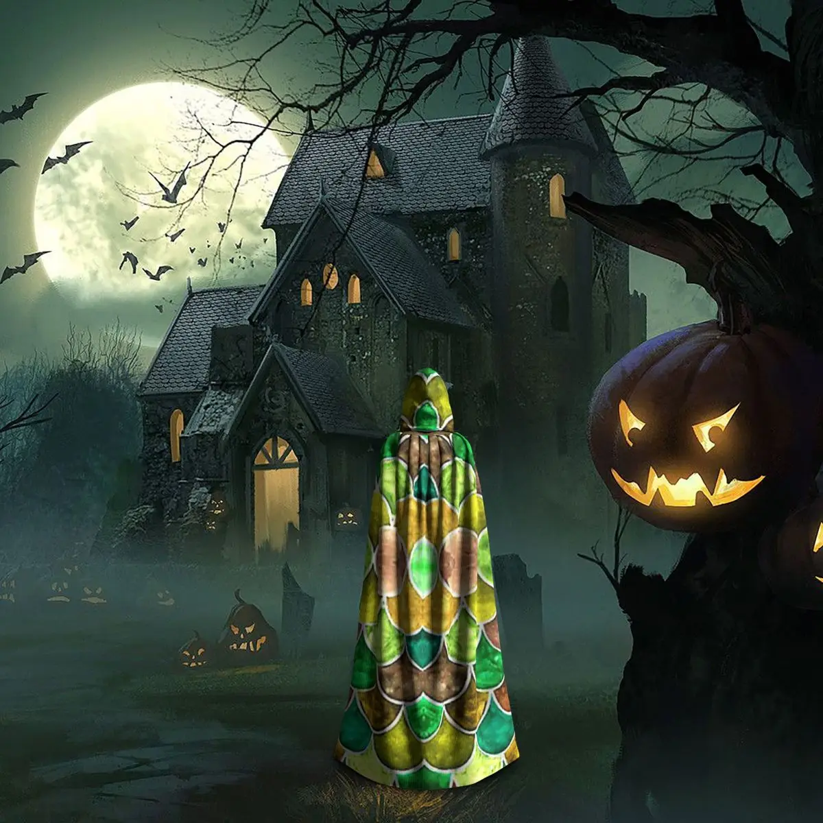 الأخضر والأصفر الموازين نمط طويل مقنعين عباءة الساحرة القرون الوسطى زي تأثيري كيب هالوين مصاص دماء الكبار للجنسين