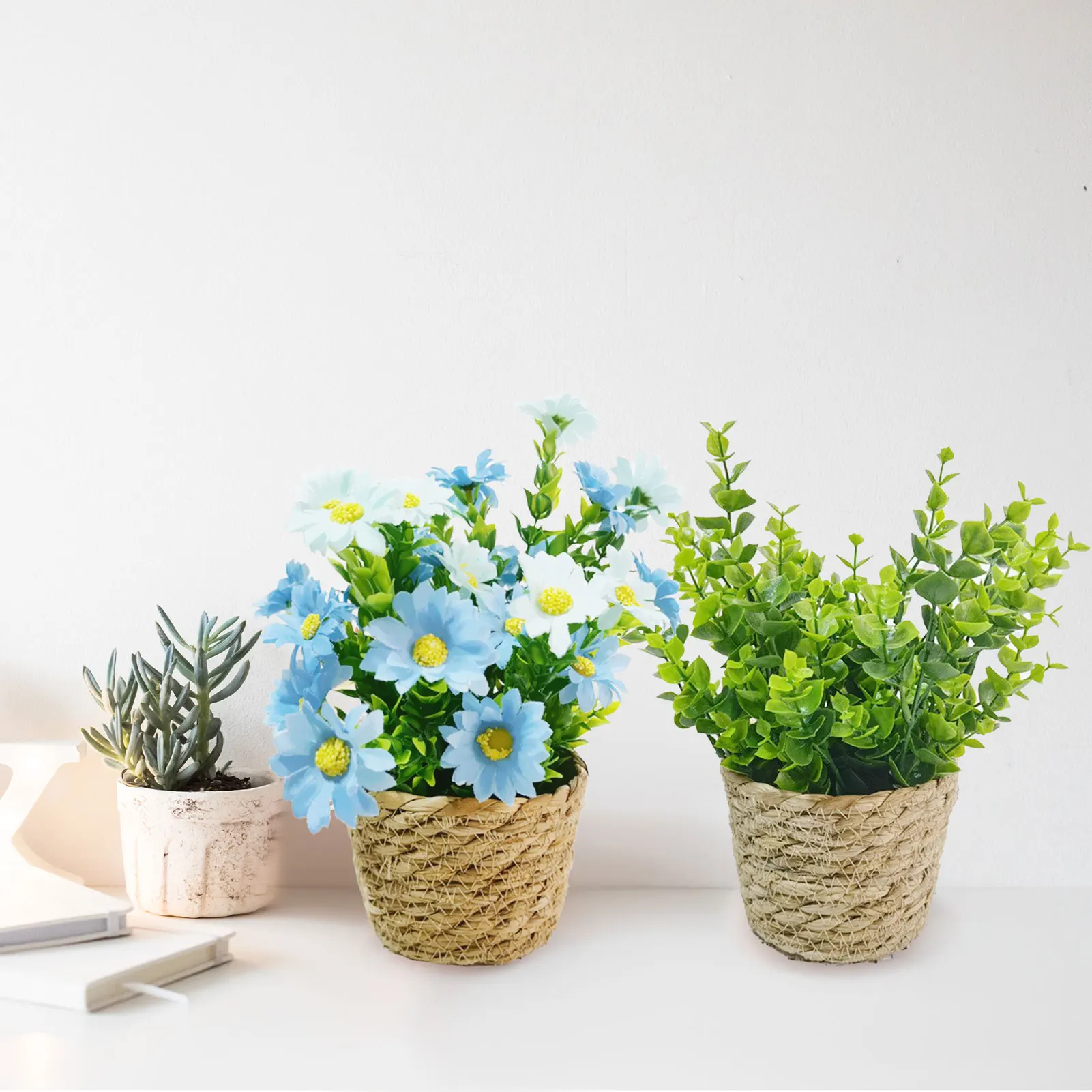 Rattan Woven Baskets Potted Flowers Simulated Flowers Bouquet Ornaments Fake Green Plant Bonsai Wedding Home Decoration