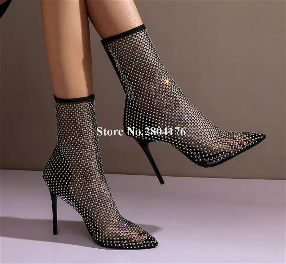 Bling Bling Rhinestones Mesh Stiletto Heel Short Boots Shining Pointed Toe Slip-on Thin Heel Crystals Sock Ankle Booties