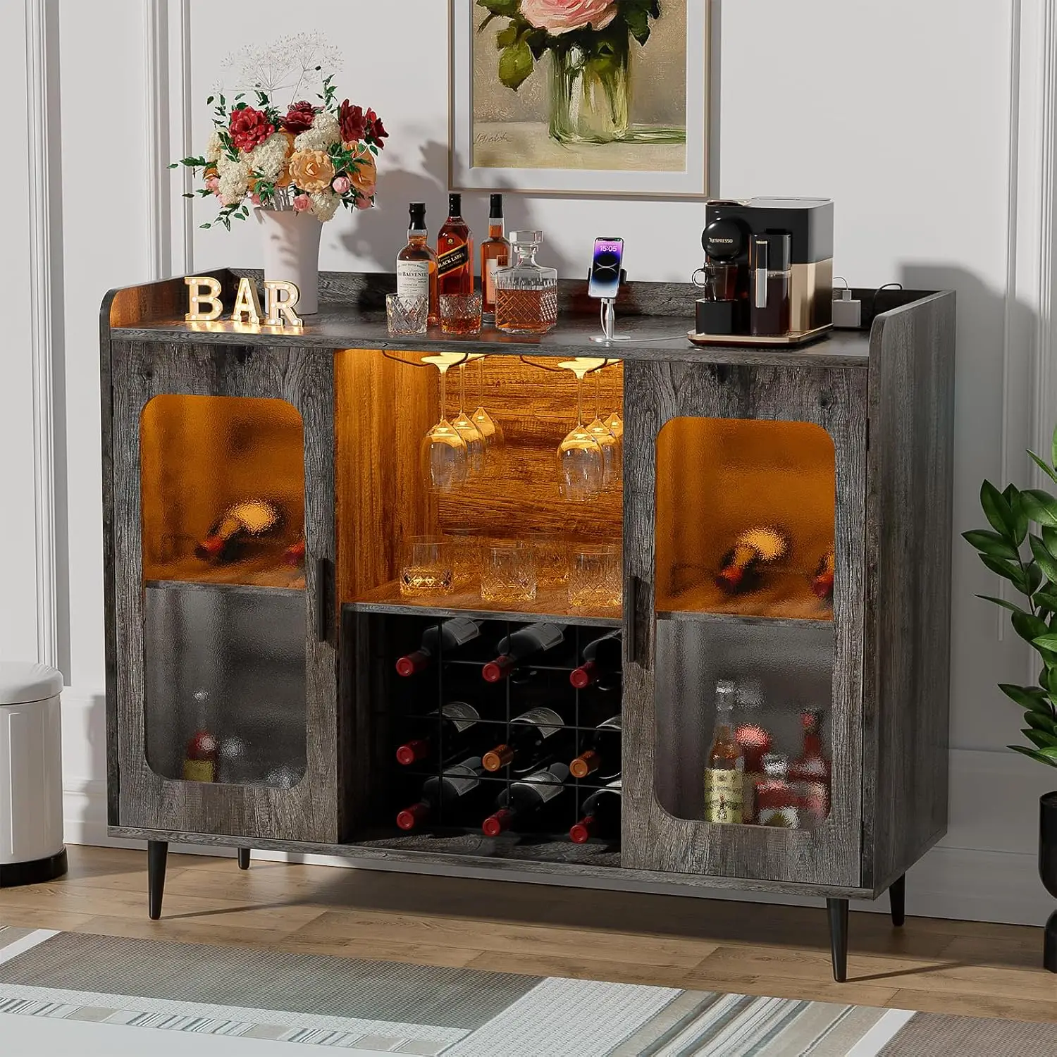 Black Oak Coffee Bar Cabinet with Power Outlets & LED Light, Kitchen Dining Room Storage, Customized