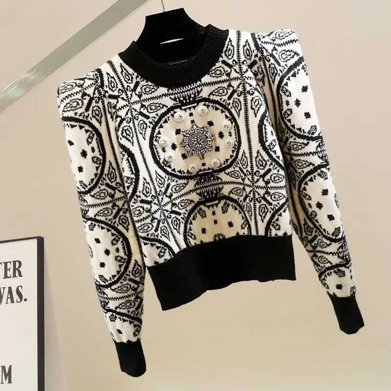 Autumn Winter Vintage Bright Line Decoration Knitting Top Tee Women Clothing Trend Patchwork Printing Pullover O-neck Knitwear