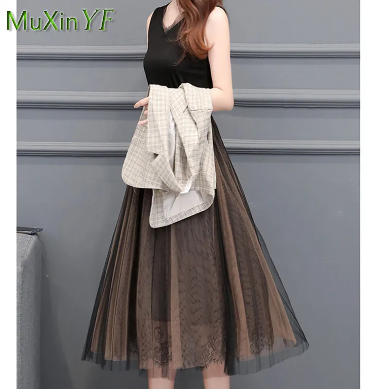 2022 Spring Autumn New Plaid Blazer Dress Two-piece Women's Fashion Business Wear Korean Elegant Casual Suit  Midi Skirt Set