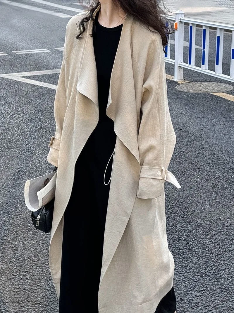 trench coat women's medium and long jacket 2026 over the knee small man drawstring new Chinese style versatile long spring new