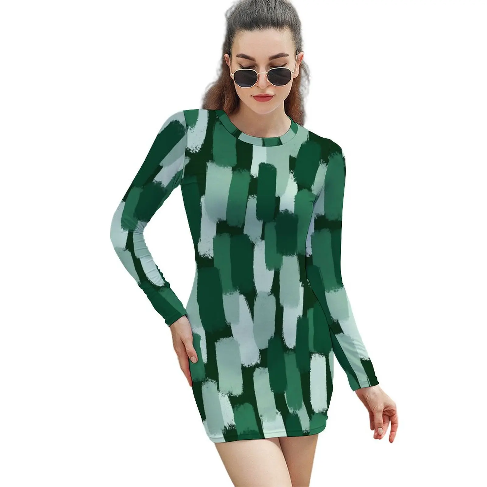 Paint Brush Dress Woman Abstract Green Street Fashion Bodycon Dress Autumn Long Sleeve Retro Dresses Custom Oversize Vestidos