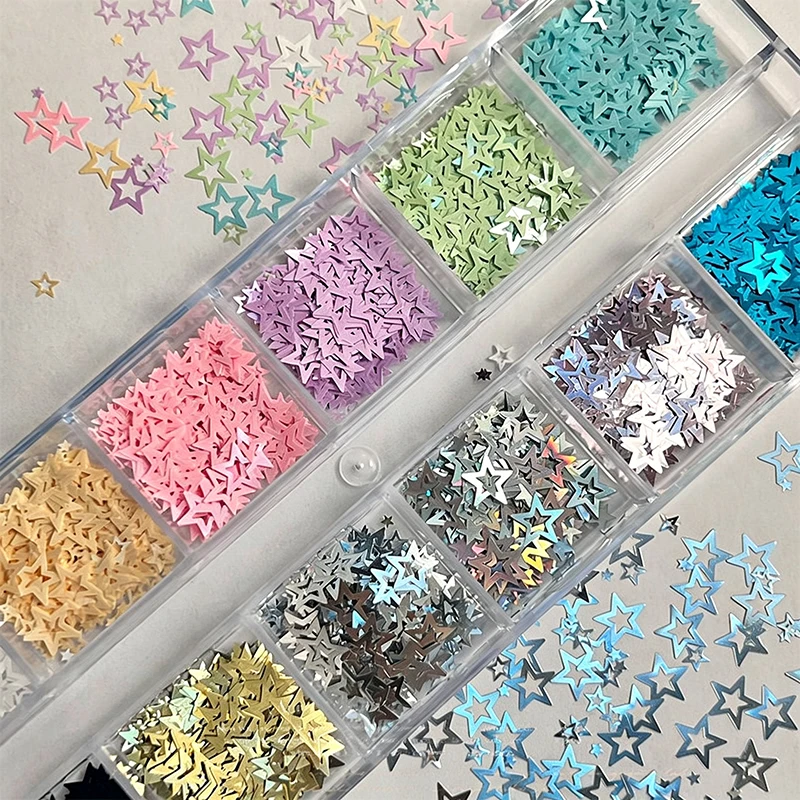 12grids 3D Colorful Hollow Star Nail Art Squins Holographic Laser Five-Pointed Star Nail Flakes 12colors Sparkle Star Nail Decor