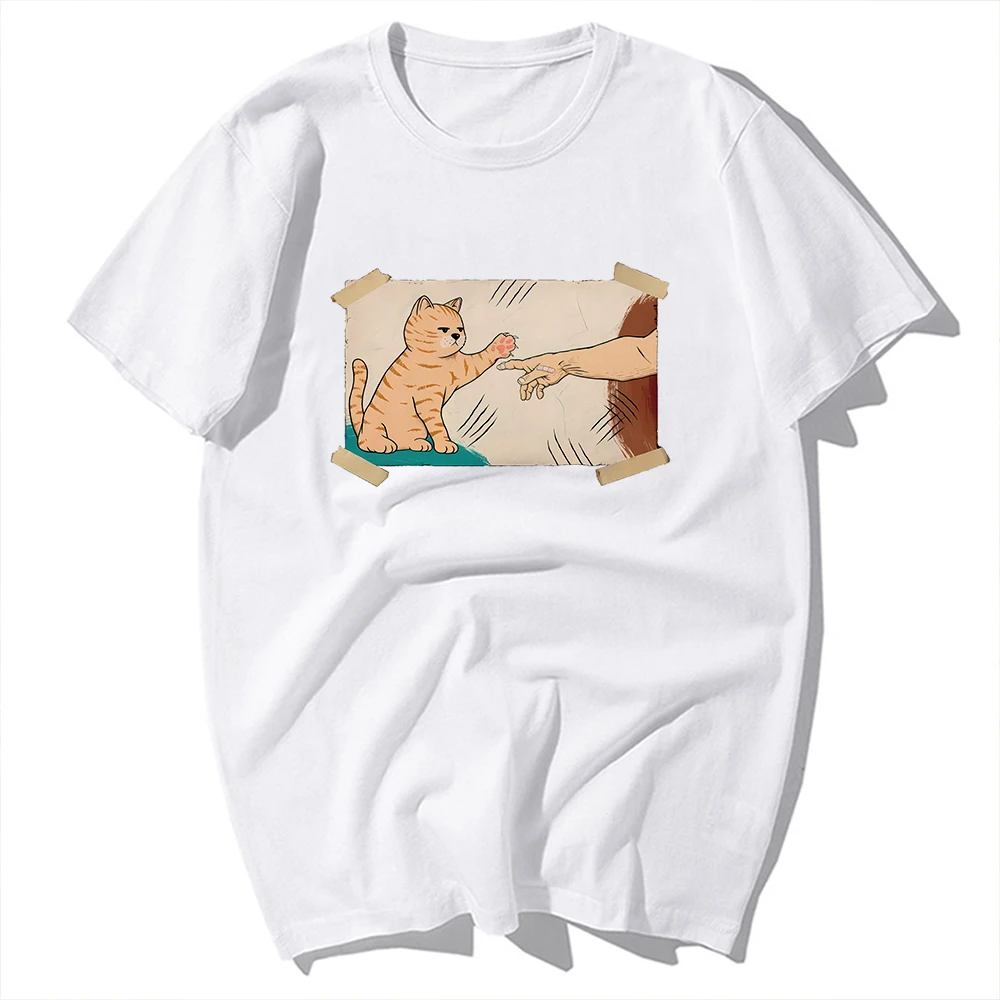 Cat Paw Creation of Adam,Funny Meow T-Shirt,Casual Short Sleeve O-neck T-Shirt,Unisex Tee,No-cracking Breathable Print