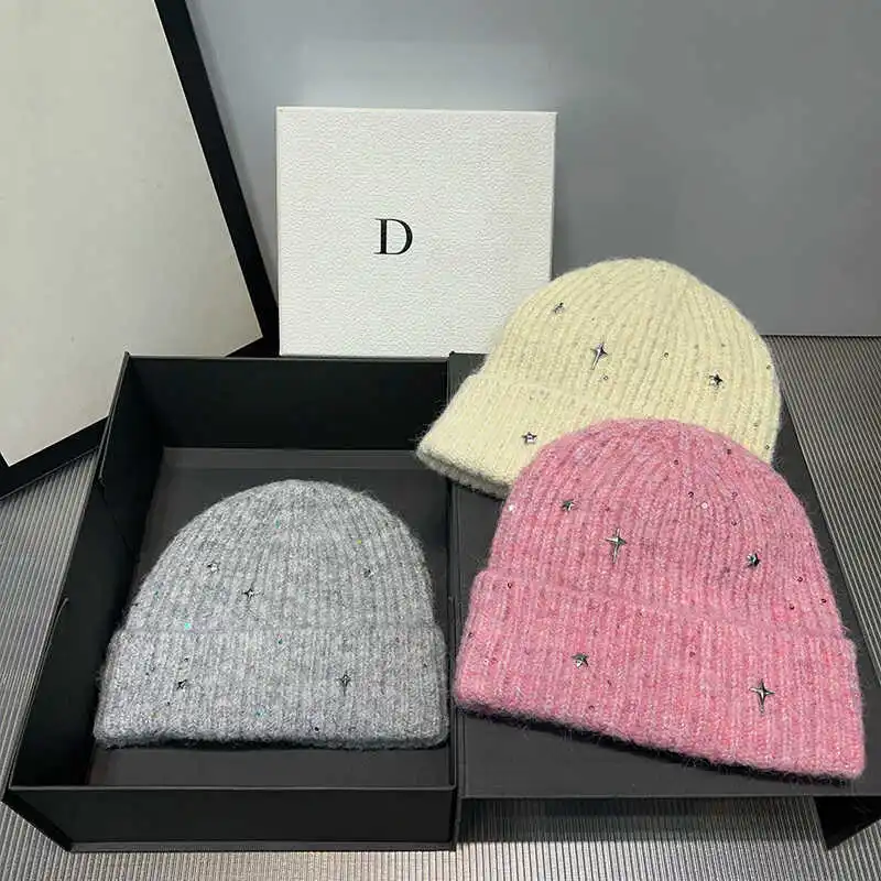 Real Rabbit Fur Winter Beanies for Women Wool Skullies Knitted Hat Shiny Sequins Stars Lady Hats Outdoor Warm Walking Bonnet
