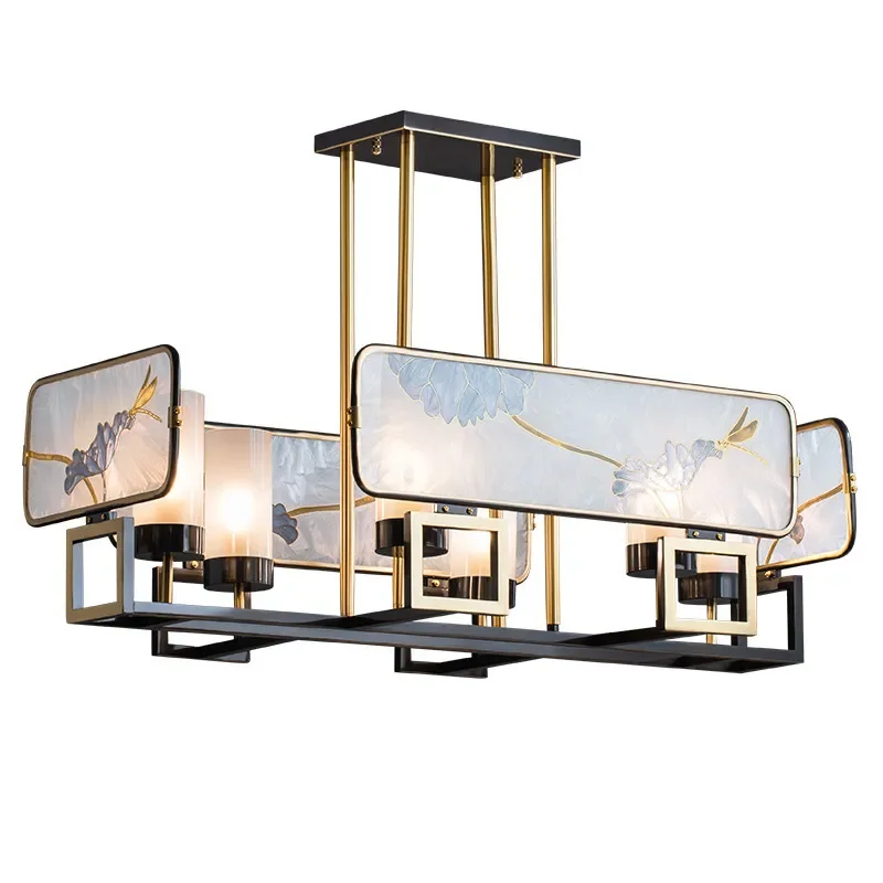 New Chinese Enamel Chandelier Solid Copper Luxury Pendant Light for Dining Room Tea House Study Hotel Front Desk Long Shape