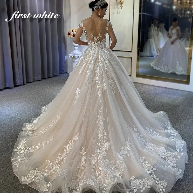 Romantic Cap Sleeve Ball Gown Wedding Dress Deep V Neck 3D Floral Lace Sparkly Tulle Illusion Back Bridal Gown Custom Dress