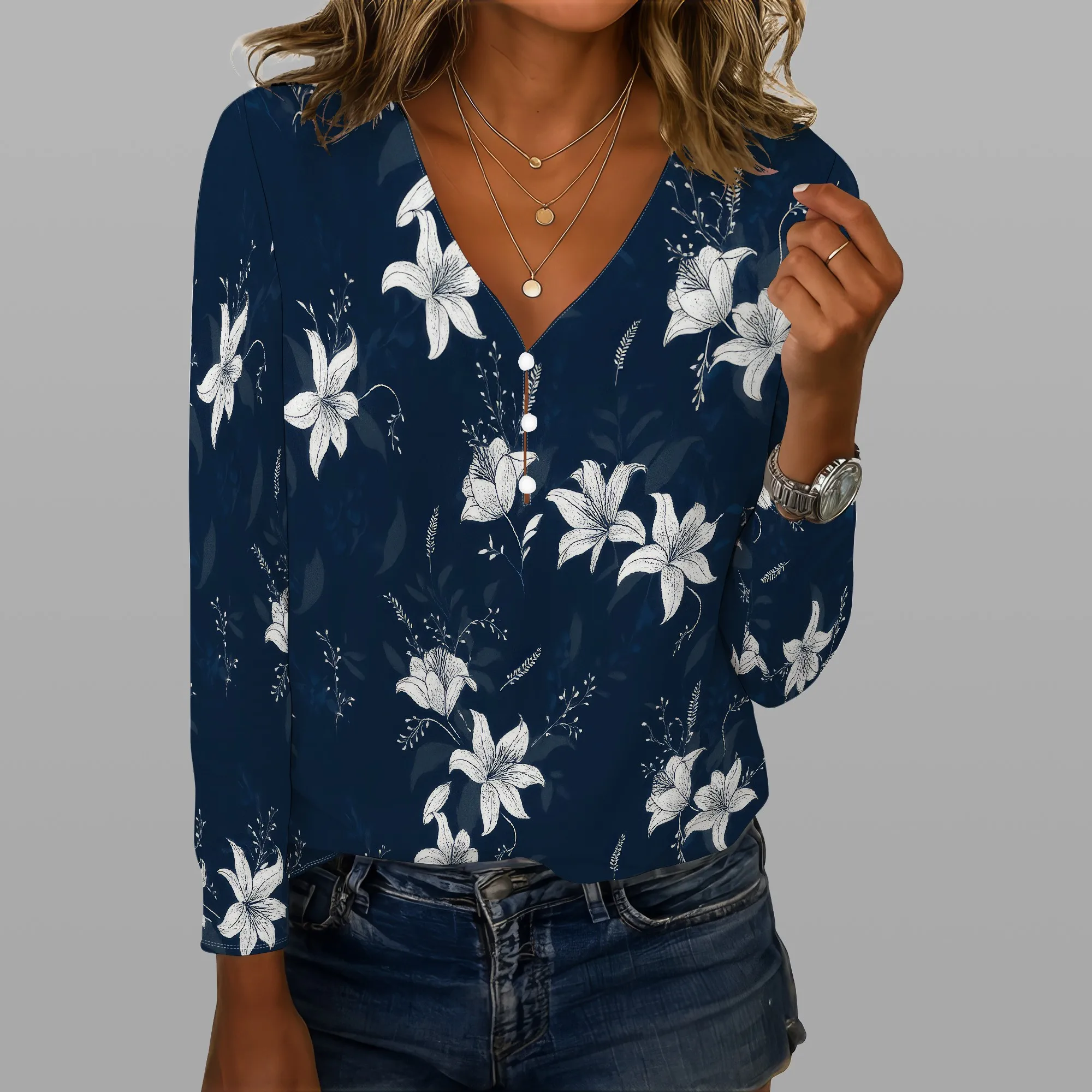 Camicette da donna con stampa floreale Boho per donna Camicetta casual elegante con bottoni Camicetta carina con scollo a V Camicie a maniche lunghe Tunica